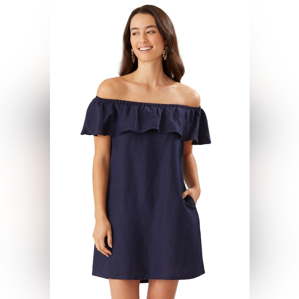 Tommy Bahama St. Lucia Off-Shoulder Navy Blue Mini Dress Size S Linen Blend
